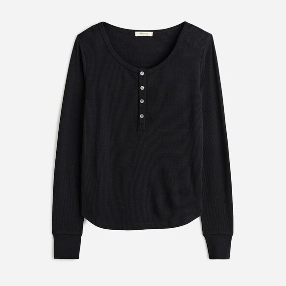 Madewell Waffle Knit Cotton Blend Scoopneck Henley Tee Black Size XS NWT - Picture 1 of 7